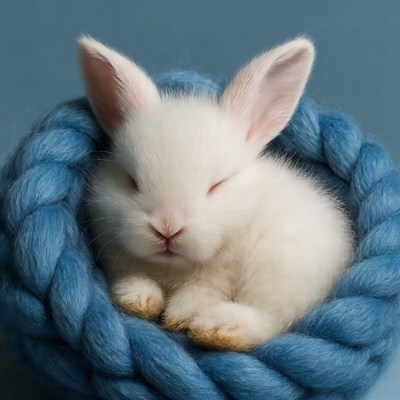 Baby white bunny sleeping in blue nest