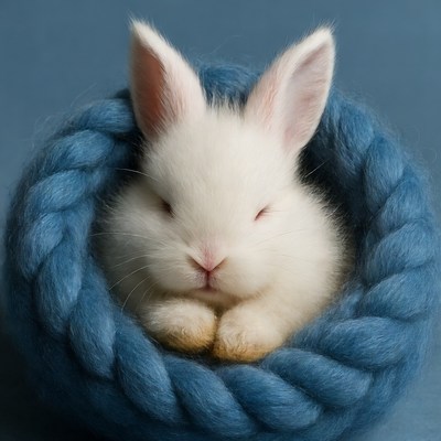 Baby bunny sleeping in blue nest