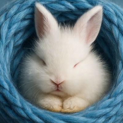 White bunny sleeping in blue yarn nest
