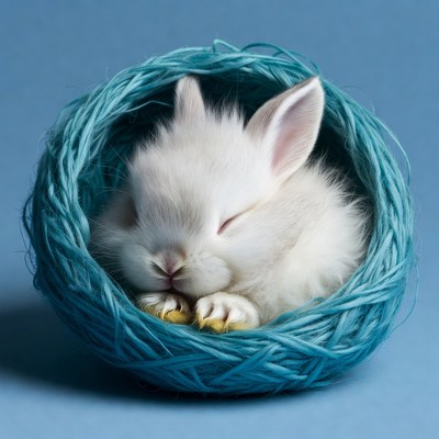 Sleeping white bunny in blue nest