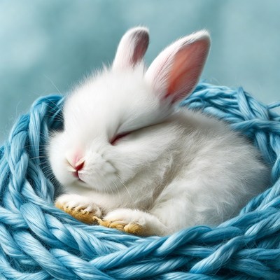 Baby bunny sleeping in blue nest