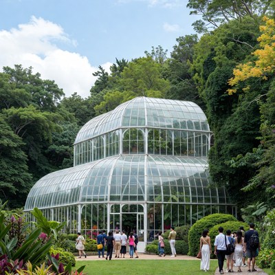 Glass Greenhouse Surrounded by Tropical Plants