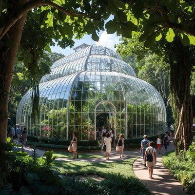 Glass Conservatory with Tourists and Plants