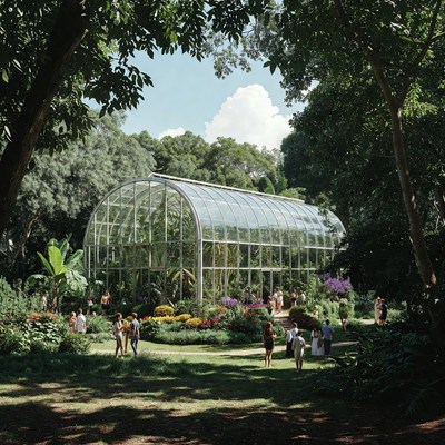 Glass Greenhouse with People in Lush Garden