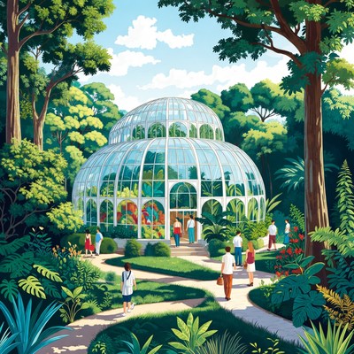 Glass Conservatory in Lush Garden with People