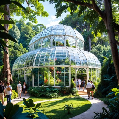 Glass Conservatory in Lush Jungle with People