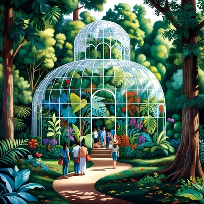 Glass Conservatory with Visitors in Lush Jungle