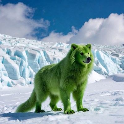 Green wolf standing in snowy glacier