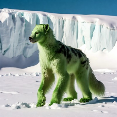 Green anthropomorphic wolf in snowy landscape
