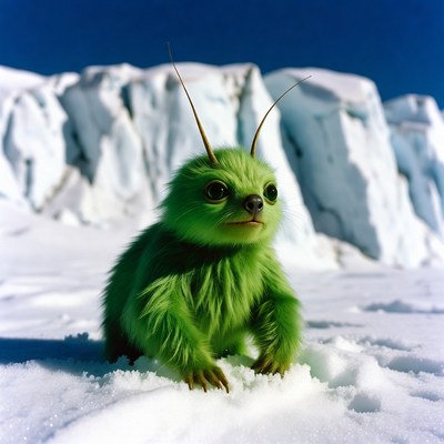 Green furry creature on snowy ice