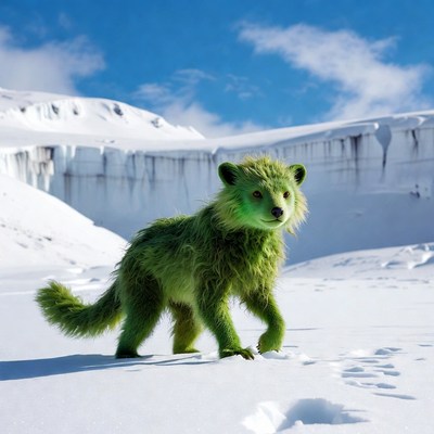 Green furry creature in snowy mountains