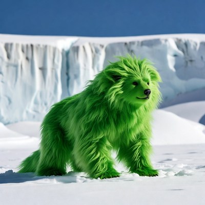 Green furry dog in snowy landscape