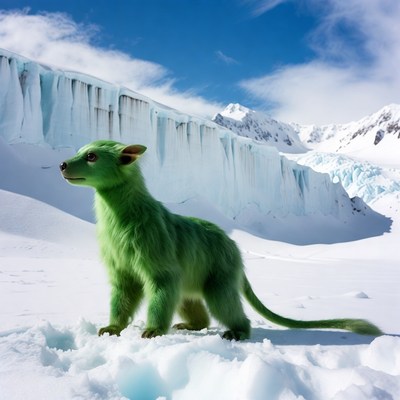 Green furry creature on snowy glacier