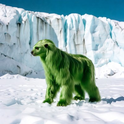 Green furry polar bear in snowy glacier landscape