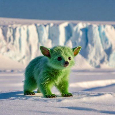 Green fennec fox cub on snow