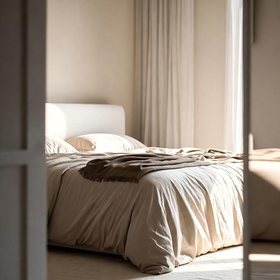 Cozy beige bed with brown blanket
