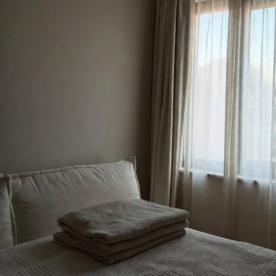 Folded Blankets on Bed by Window