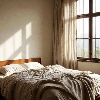 Messy Bed with Sunlight Through Window