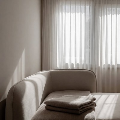 Beige Couch with Folded Towels by Window