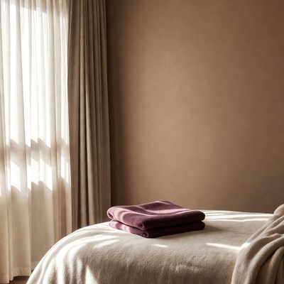 Purple towels on sunlit bed