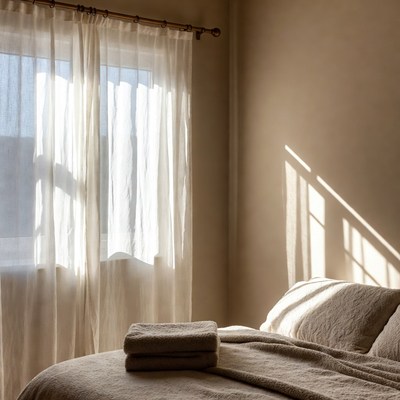 Bedroom with Sheer Curtains and Folded Towels