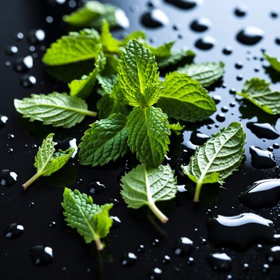 Fresh Mint Leaves on Black Background