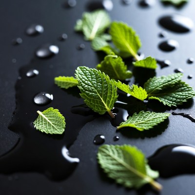 Fresh mint leaves with water droplets