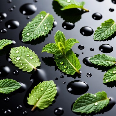 Fresh Mint Leaves with Water Droplets