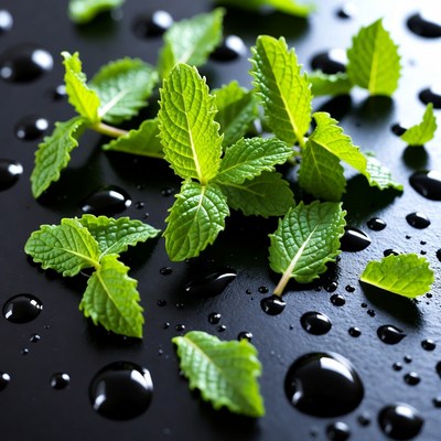 Fresh Mint Leaves on Wet Black Surface