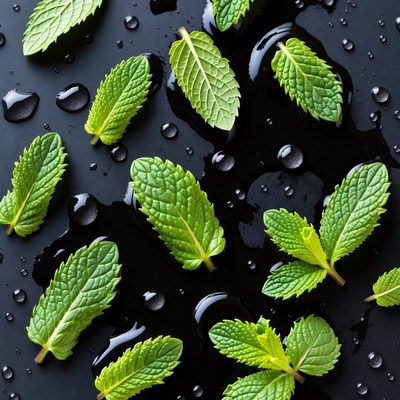 Fresh Mint Leaves on Black Wet Surface