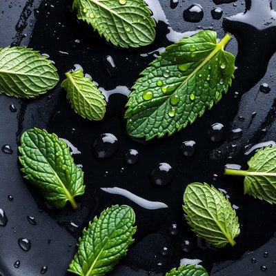 Fresh Mint Leaves on Black Plate