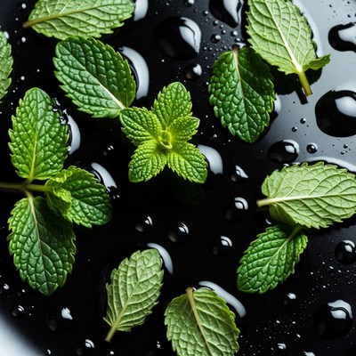 Fresh Mint Leaves on Black Wet Surface