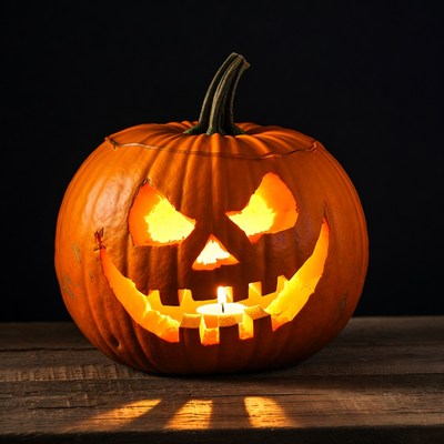 Lit Jack-o-Lantern on Wooden Table