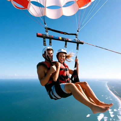 Couple paragliding over ocean beach