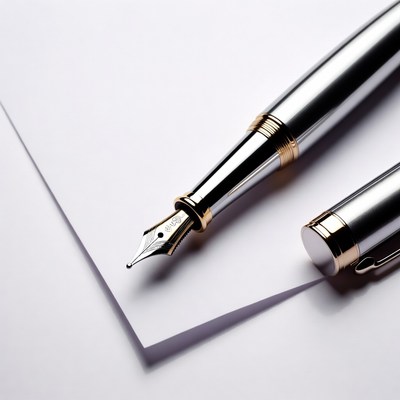 Silver Fountain Pen on White Paper