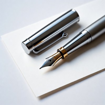 Silver fountain pen on white paper