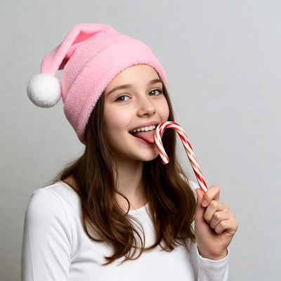 Girl licking candy cane in pink Santa hat