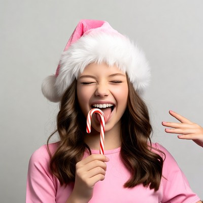 Girl eating candy cane in pink Santa hat