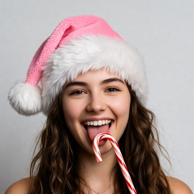 Girl with pink Santa hat licking candy cane