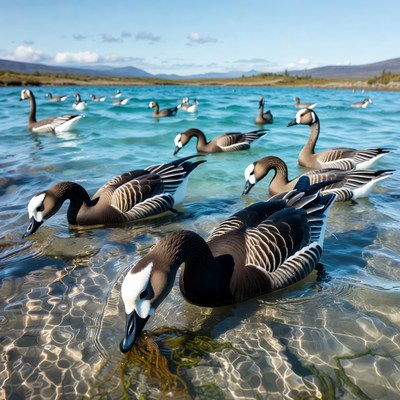 Bar-headed geese swimming in lake
