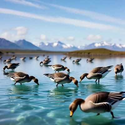 Geese foraging in mountain lake