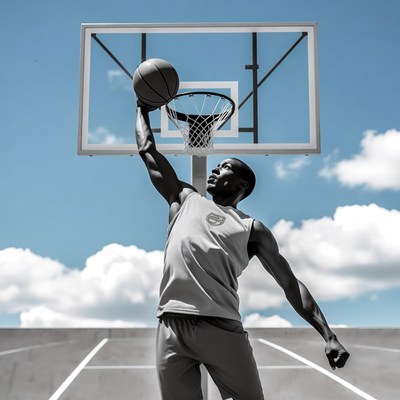 African-American man dunking basketball