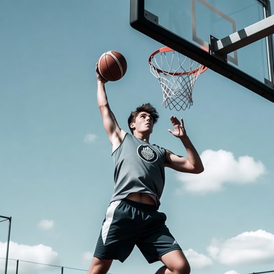 Young man dunking basketball