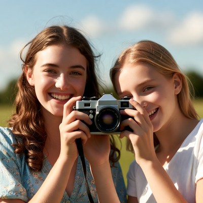 Two girls holding vintage camera outdoors