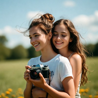 Two girls hugging with camera outdoors
