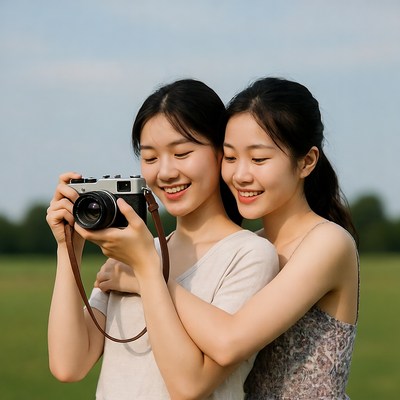 Two Asian girls holding vintage camera