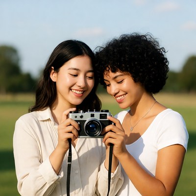 Two women holding vintage camera outdoors