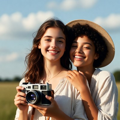Two girls holding vintage camera outdoors