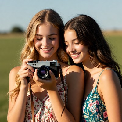 Two girls holding vintage camera in field