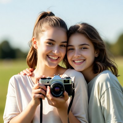 Two girls holding vintage camera outdoors